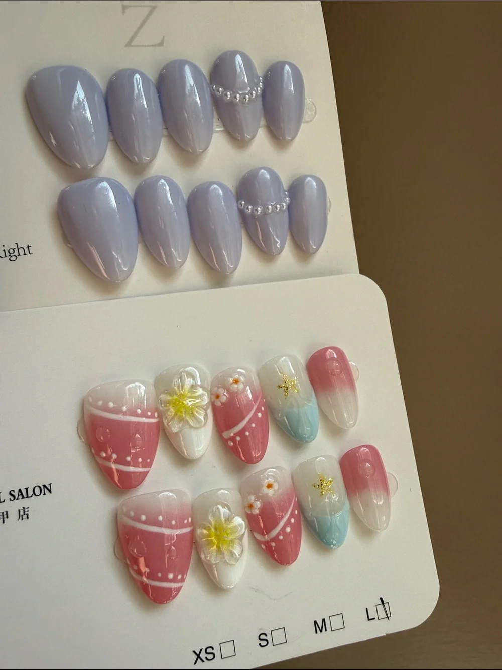 3D Lavender Pearl & Floral Pink Press-On Nail bundle of two large
